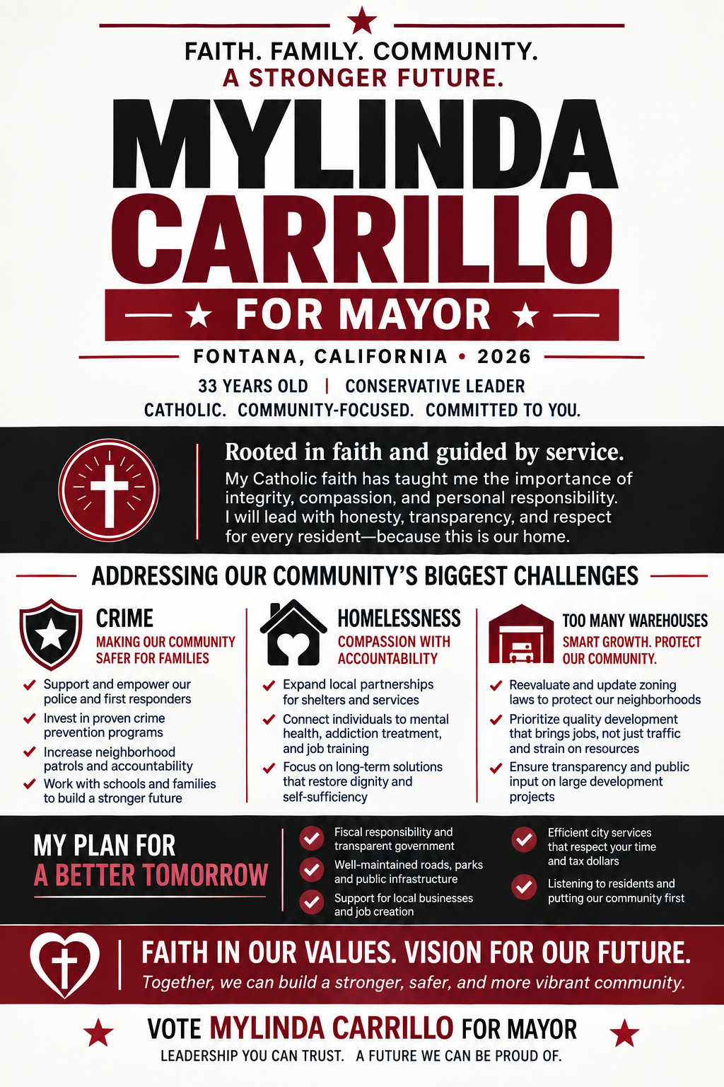 Mylinda Carrillo for Mayor campaign flyer — Faith, Family, Community, A Stronger Future